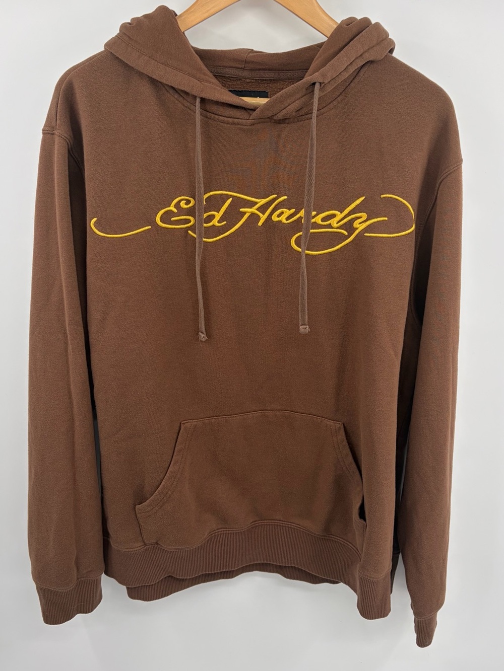 Ed Hardy graphic brown hoodie kangaroo pocket men’s L streetwear